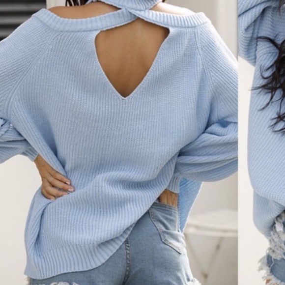 Last 1! Cold Shoulder Soft Powder Blue Sweater - Picture 3 of 3